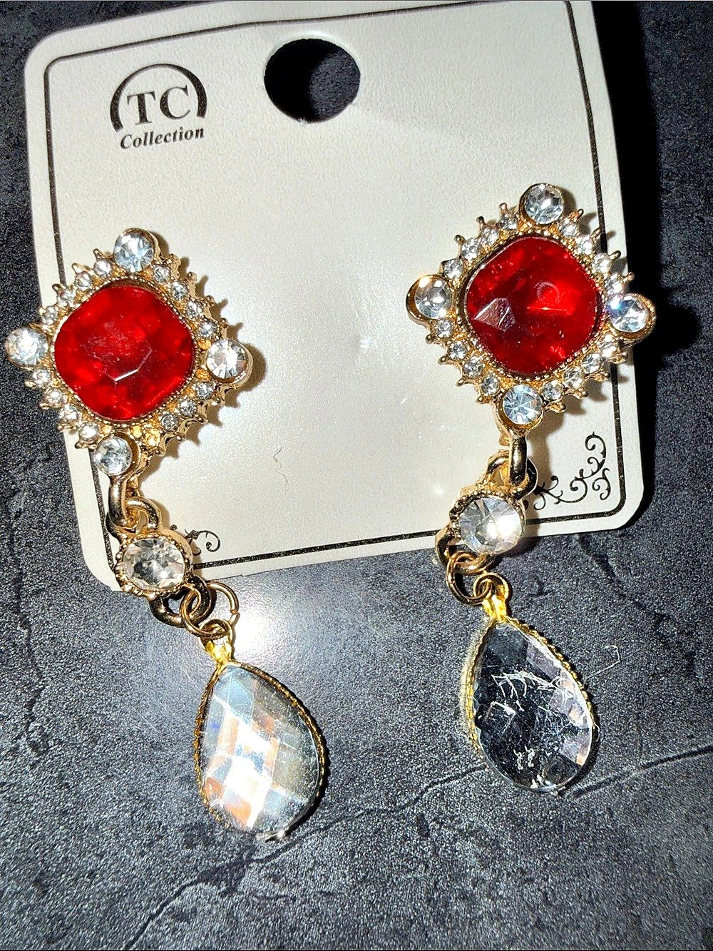 TC Collection Crystal Red Stone Drop Earrings NWT